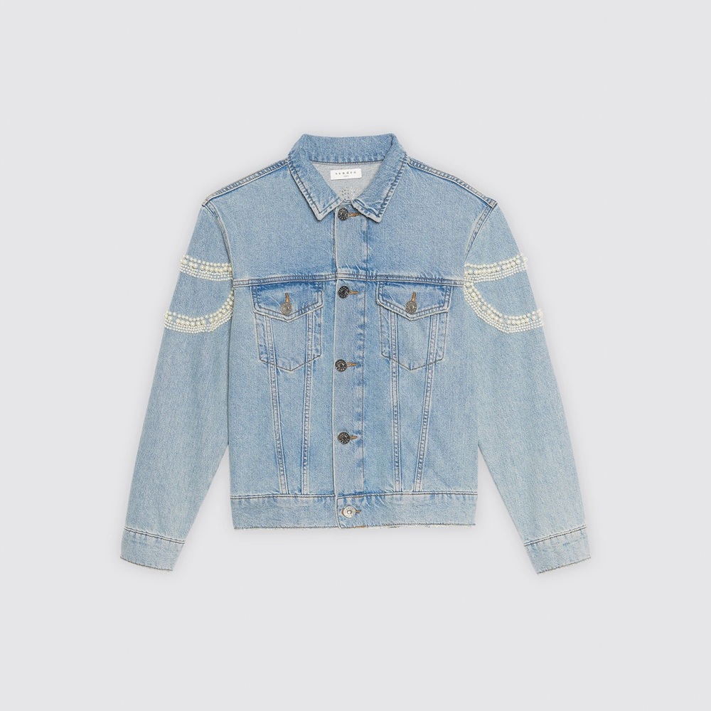 Sandro Blue Denim Jacket with Pearl Accents